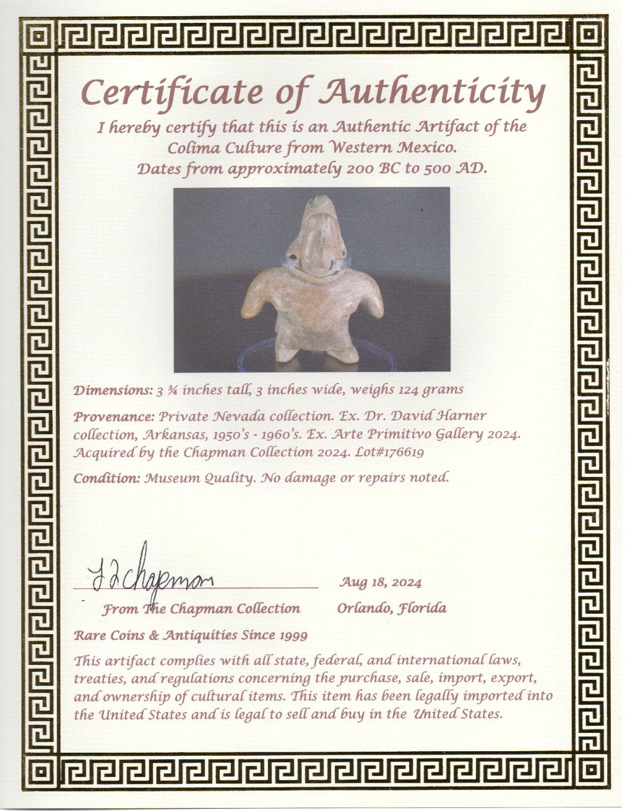 Authentic Pre Columbian Artifact Tomb Figure Colima Ex Arte Primitivo COA T93