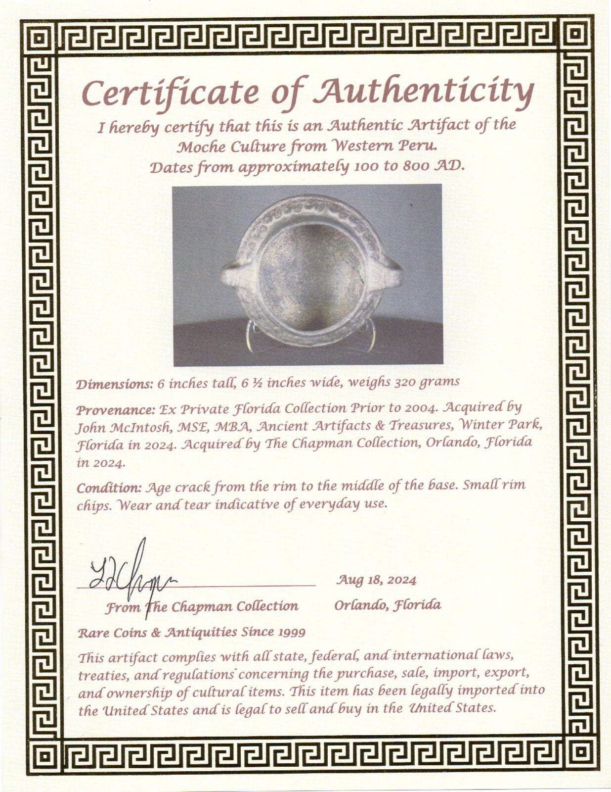 Authentic Pre Columbian Artifact Moche Bird Motifs Bowl 100-800 AD Peru COA J19