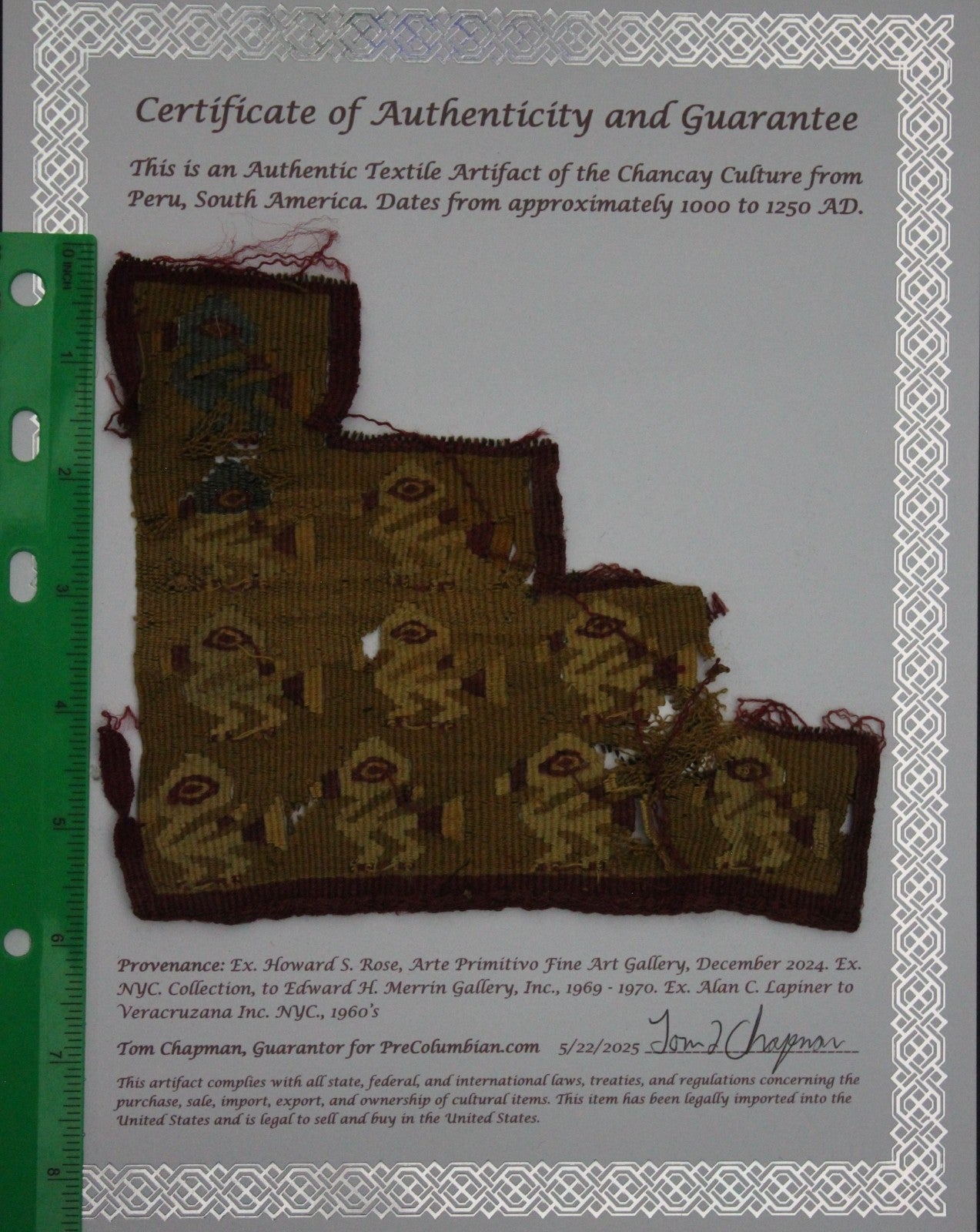 Pre Columbian Authentic Artifact Frameable Textile Border Chancay Peru COA 34