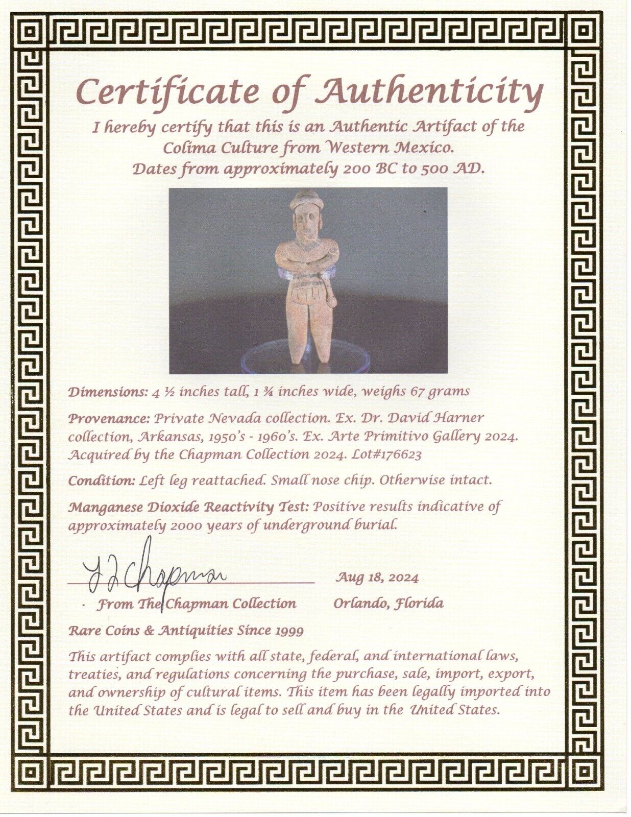 Authentic Pre Columbian Artifact Tomb Figure Colima Ex Arte Primitivo COA T98