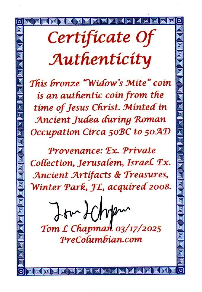 Authentic Jesus Christ Era Holy Land Widow's Mite Artifact 50 BC - 50 AD COA 008