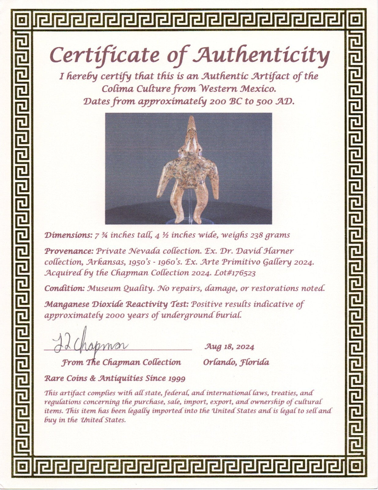 Authentic Pre Columbian Artifact Tomb Figure Colima Ex Arte Primitivo COA B42