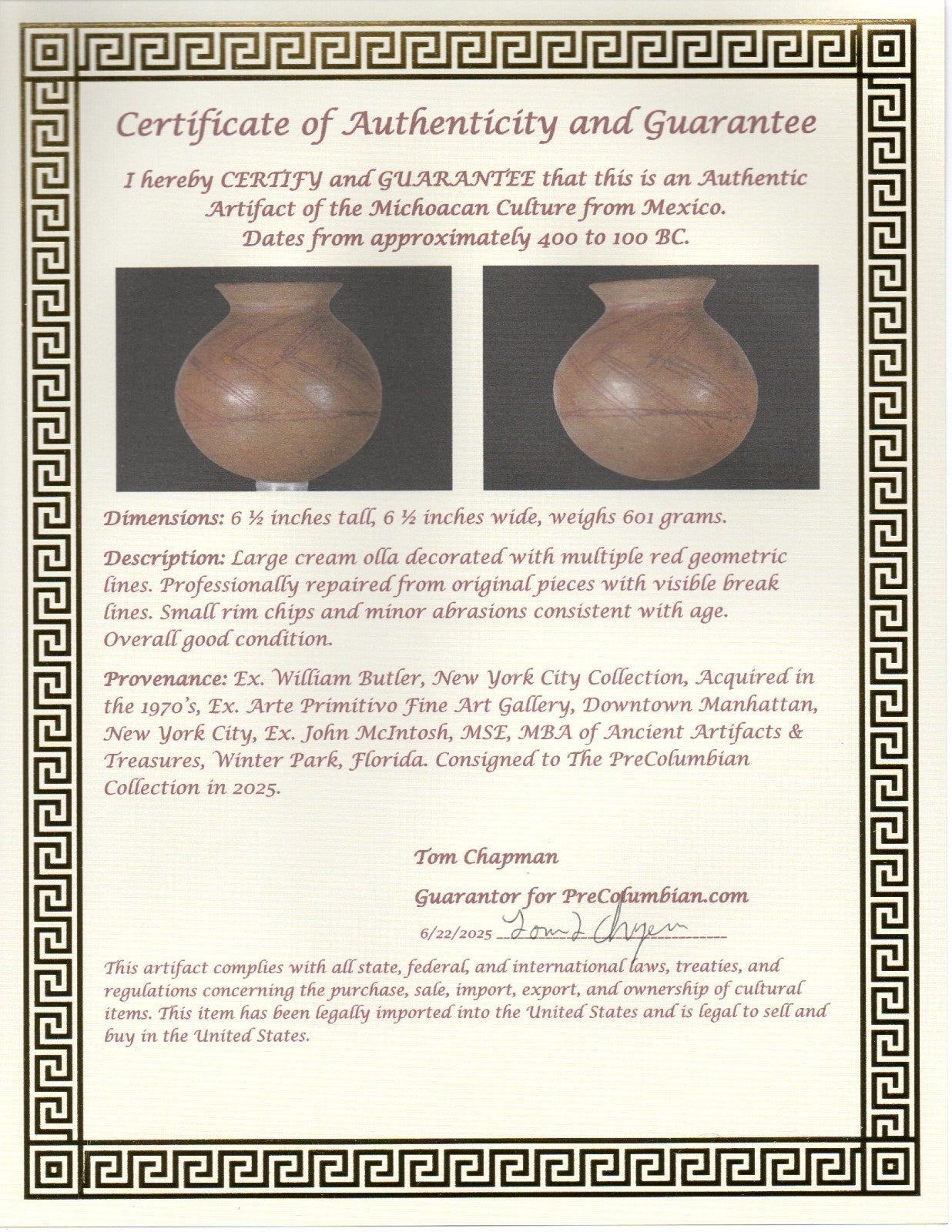 Pre Columbian Authentic Artifact Michoacan Large Olla Mexico 100 - 400BC COA J36