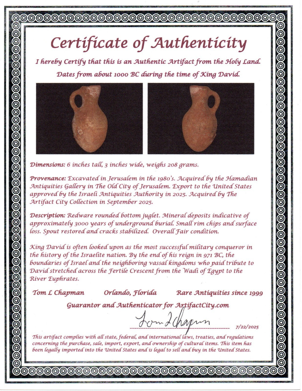 Ancient Holy Land Artifact King David Era Jug Land of Jesus Christ 1000 BC COA 8