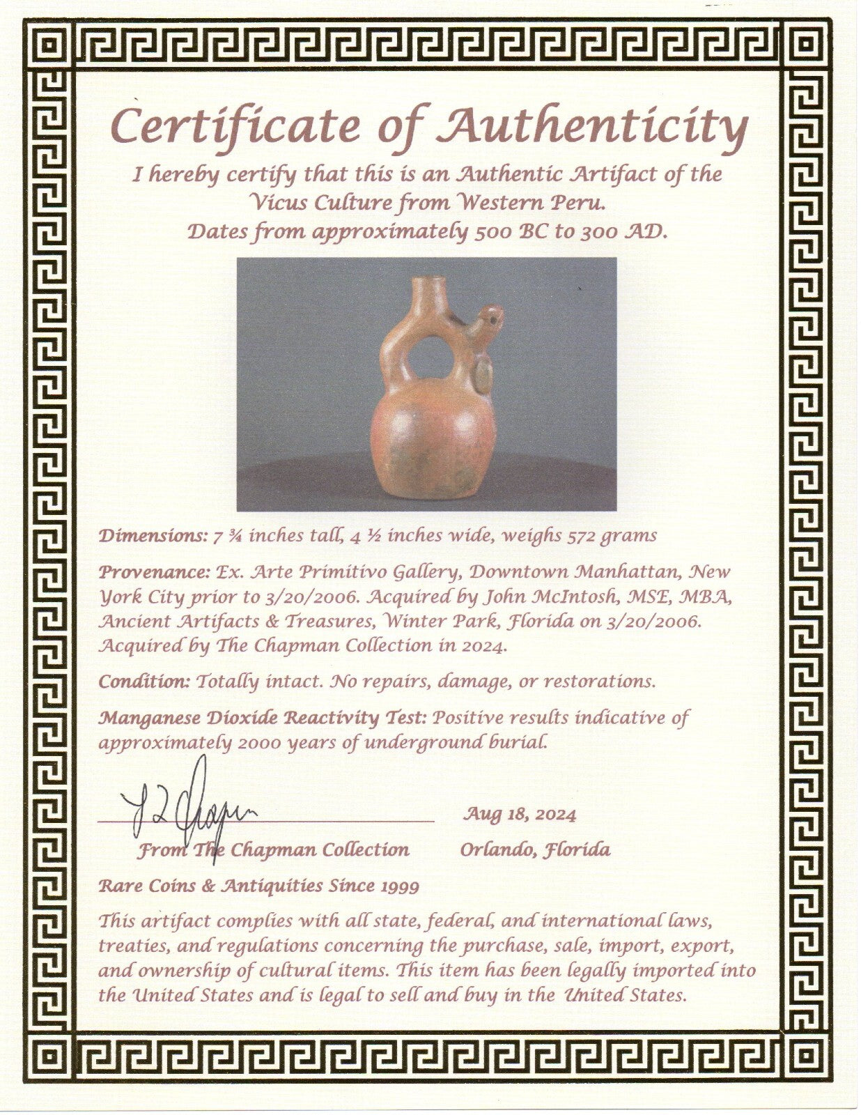 Pre Columbian Authentic Artifact Stirrup Vessel Vicus Peru 500 BC-300 AD COA J03