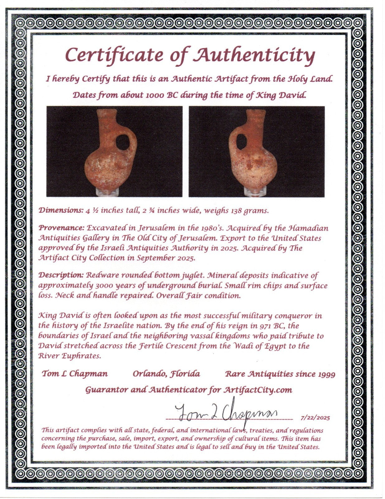 Ancient Holy Land Artifact King David Jugglet Land of Jesus Christ 1000 BC COA 7