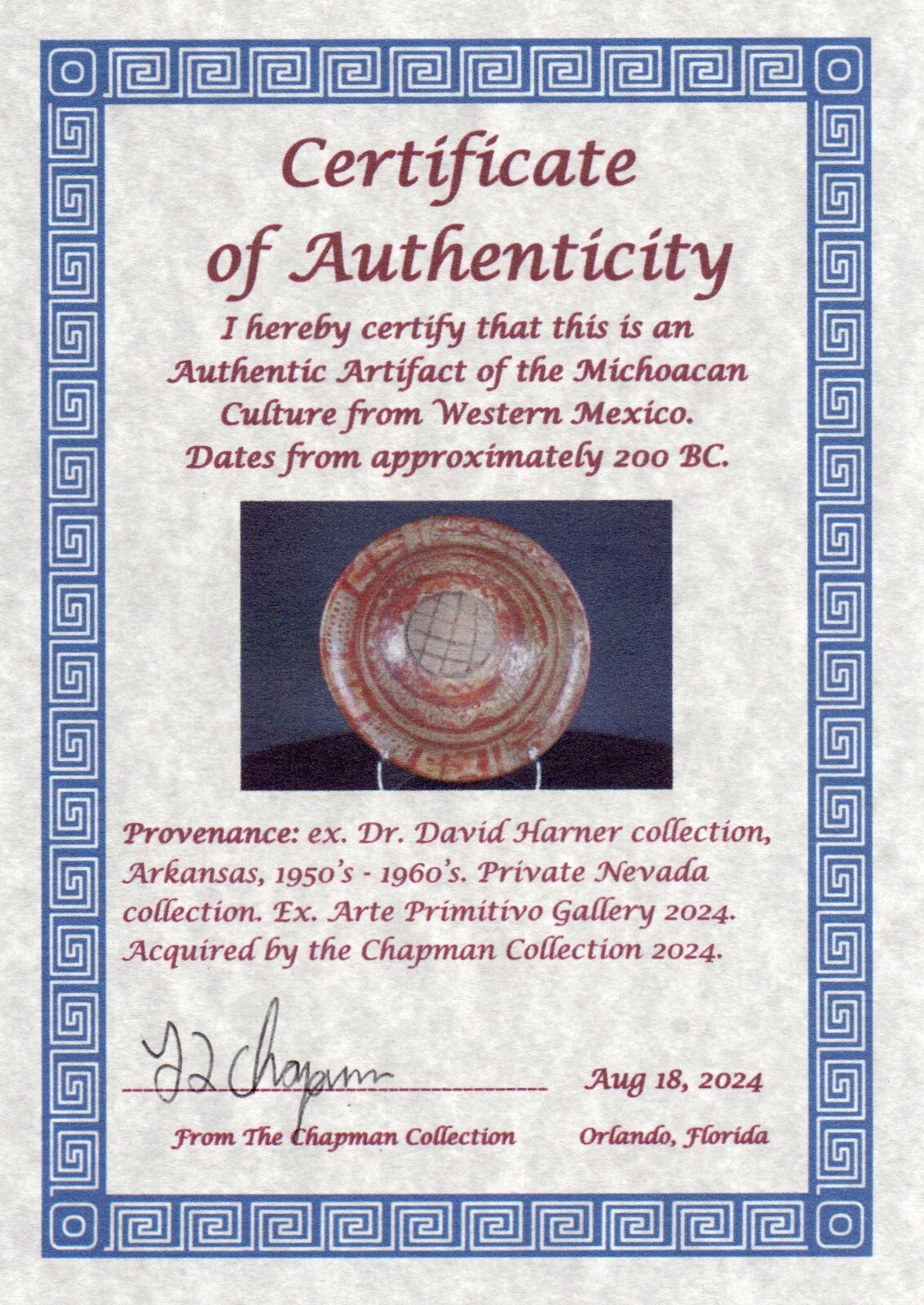 Authentic Pre Columbian Artifact Michoacan Tripod Bowl Ex Arte Primitivo COA T27