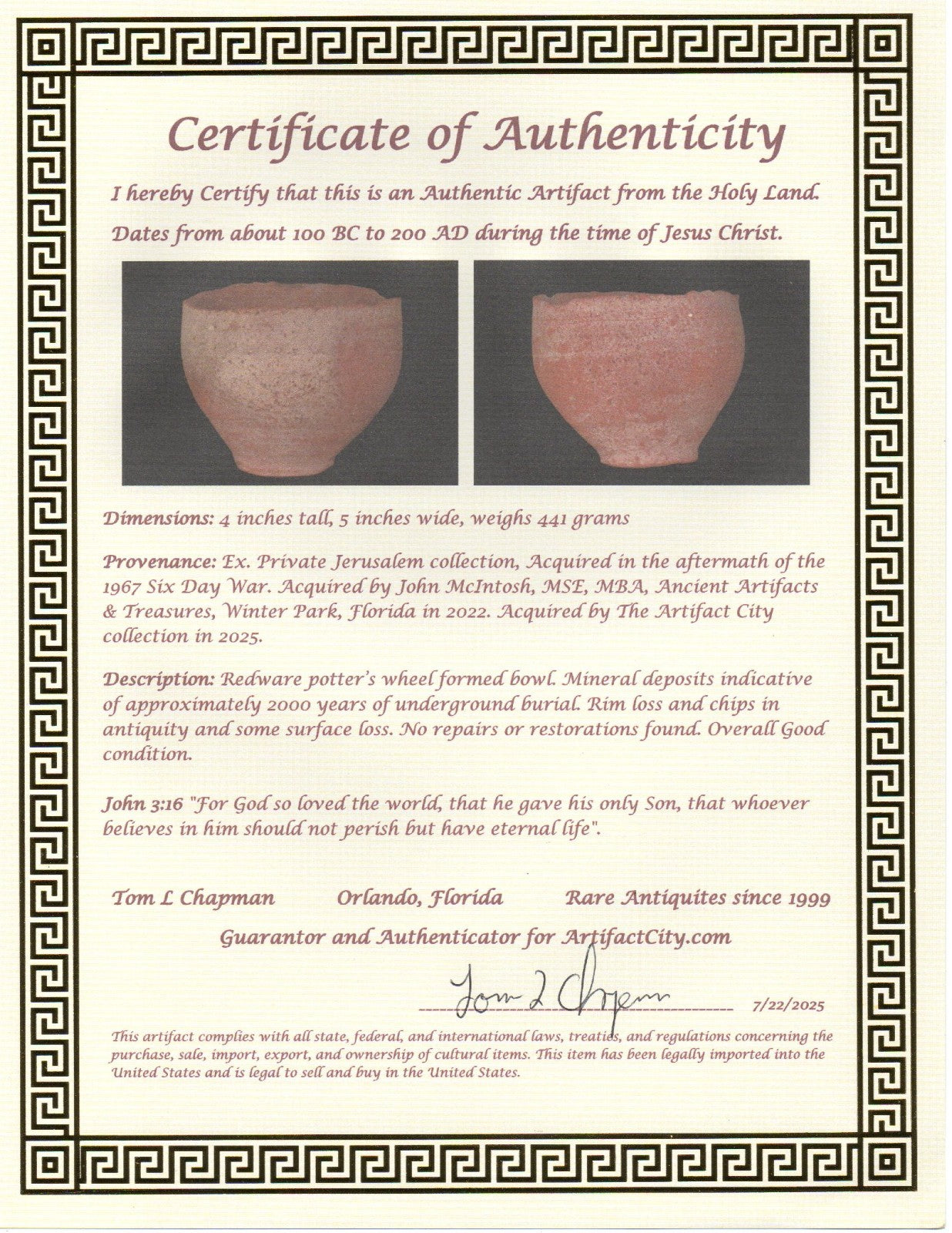 Ancient Holy Land Artifact From Time of Jesus Christ Bowl 100BC-200AD COA J136