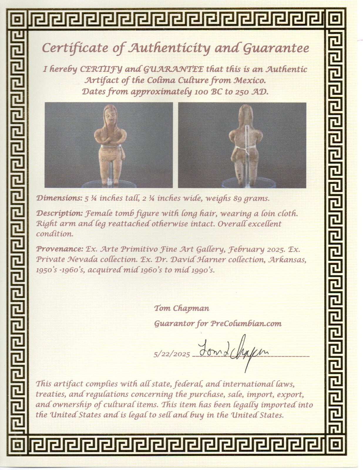 Pre Columbian Authentic Artifact Tomb Figure Colima Mexico 100 BC-250 AD COA 165