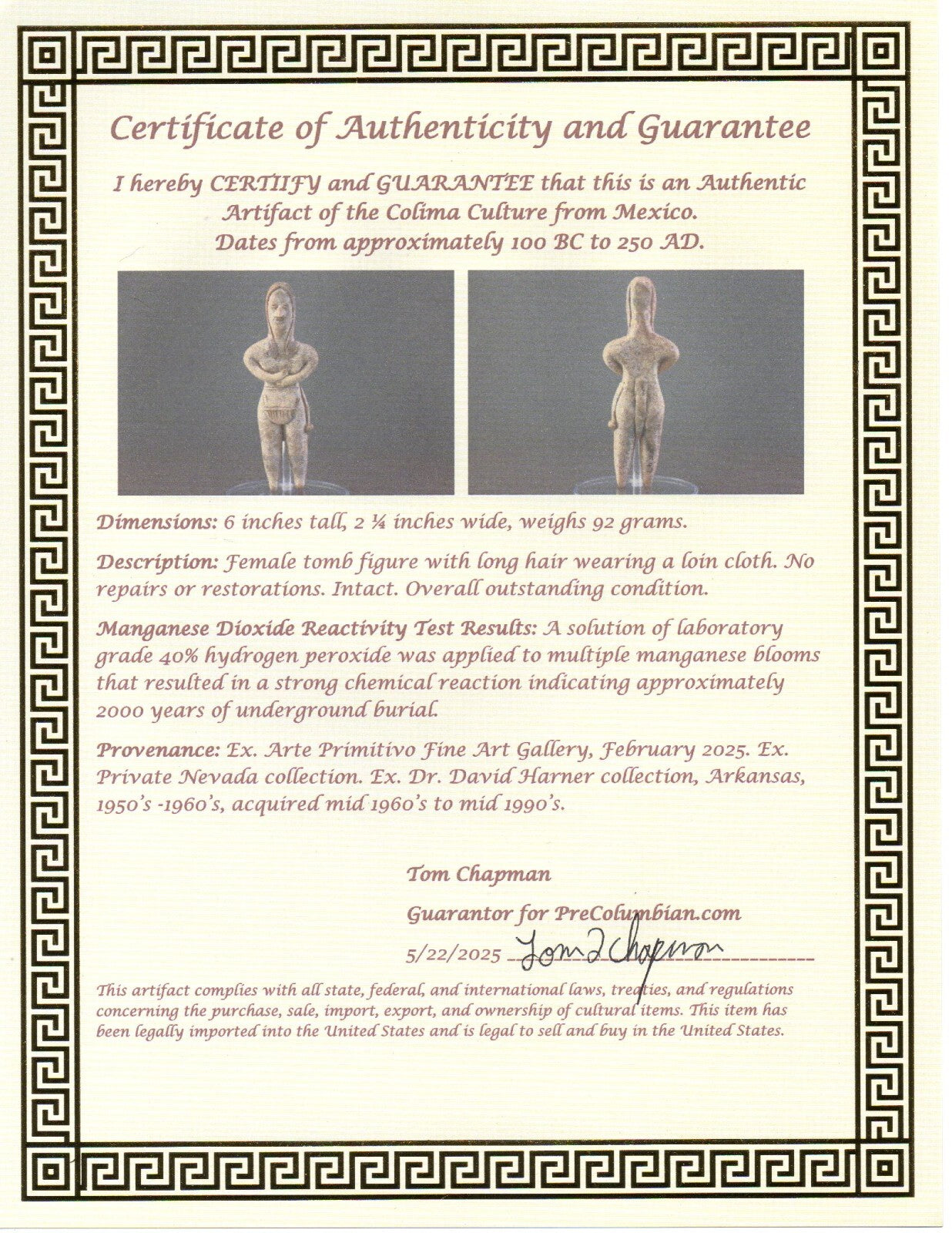 Pre Columbian Authentic Artifact Tomb Figure Colima Mexico 100 BC-250 AD COA 167