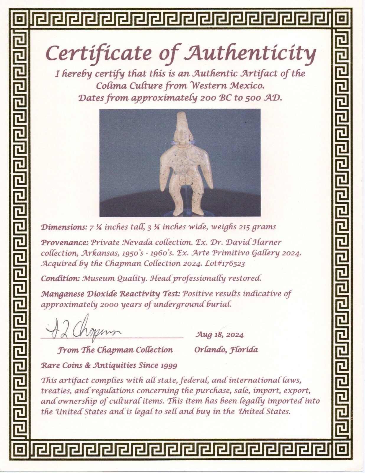 Authentic Pre Columbian Artifact Tomb Figure Colima Ex Arte Primitivo COA T54