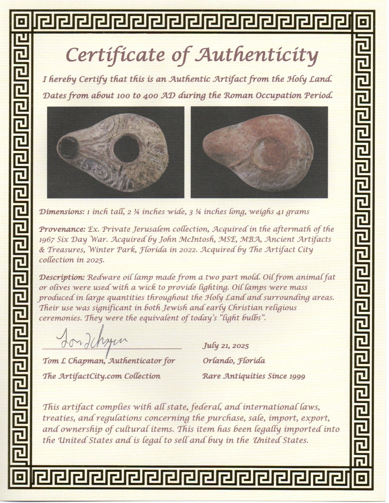 Ancient Holy Land Oil Lamp Artifact Jesus Christ Homeland  100 - 400 AD COA L03