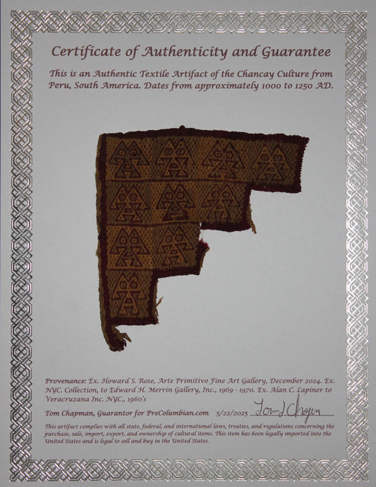 Authentic Pre Columbian Artifact Frameable Textile Border Chancay Peru COA 11