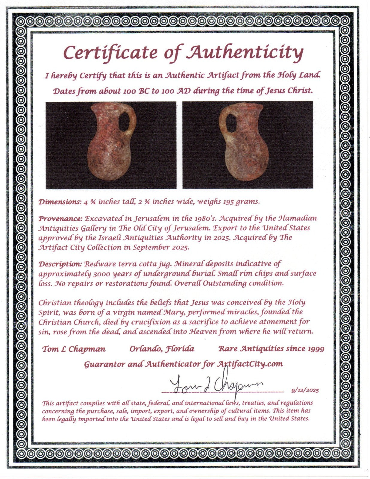 Ancient Holy Land Artifact Jug From Time of Jesus Christ 100 BC - 100 AD COA 15