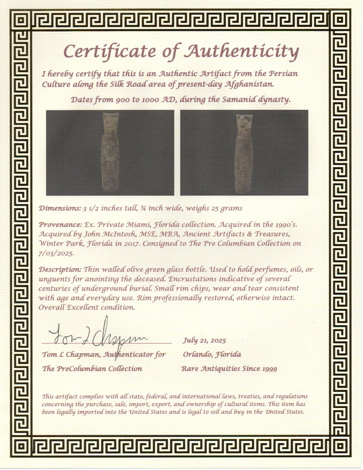 Authentic Persian Artifact Glass Bottle 900-1000 AD Silk Road Hoard COA J31