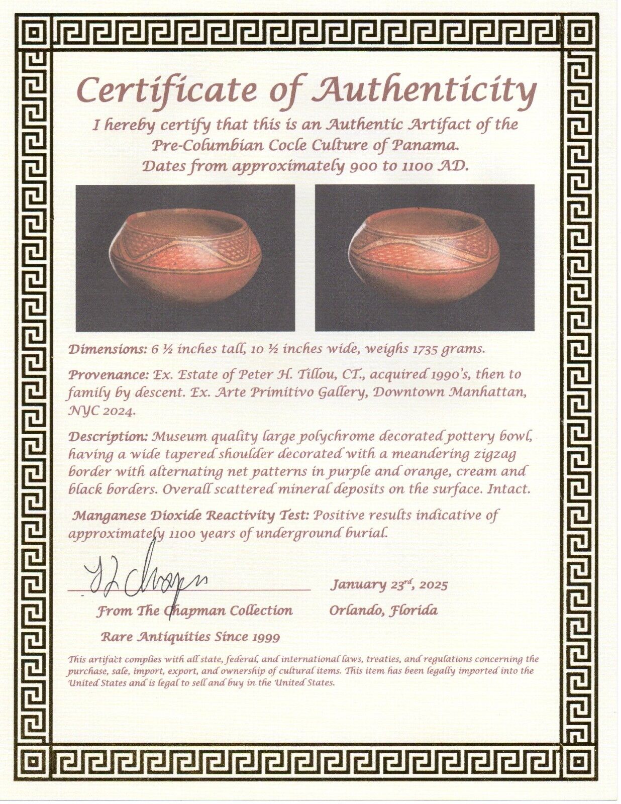 Authentic Pre Columbian Artifact Cocle Decorated Bowl Ex Arte Primitivo COA T23