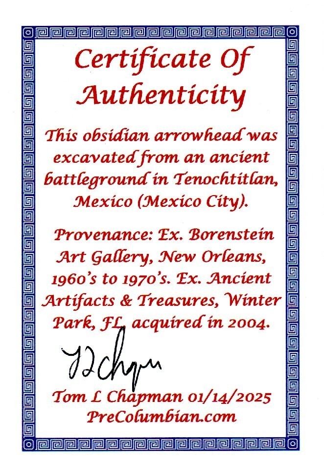 Authentic Pre Columbian Artifact Aztec Arrowhead Battle of Mexico City COA 53