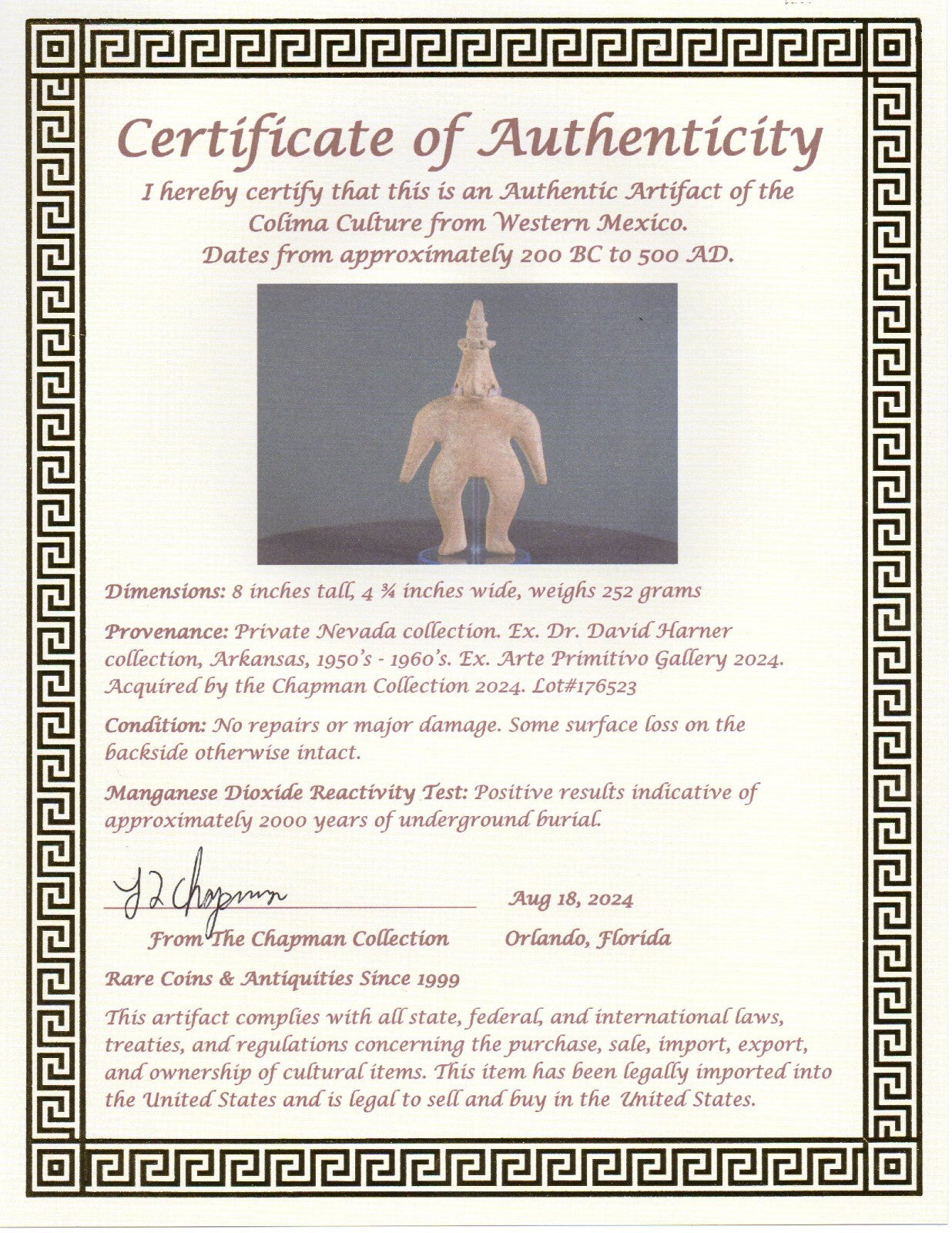 Authentic Pre Columbian Artifact Archaic Tomb Figure Colima Mexico COA T77