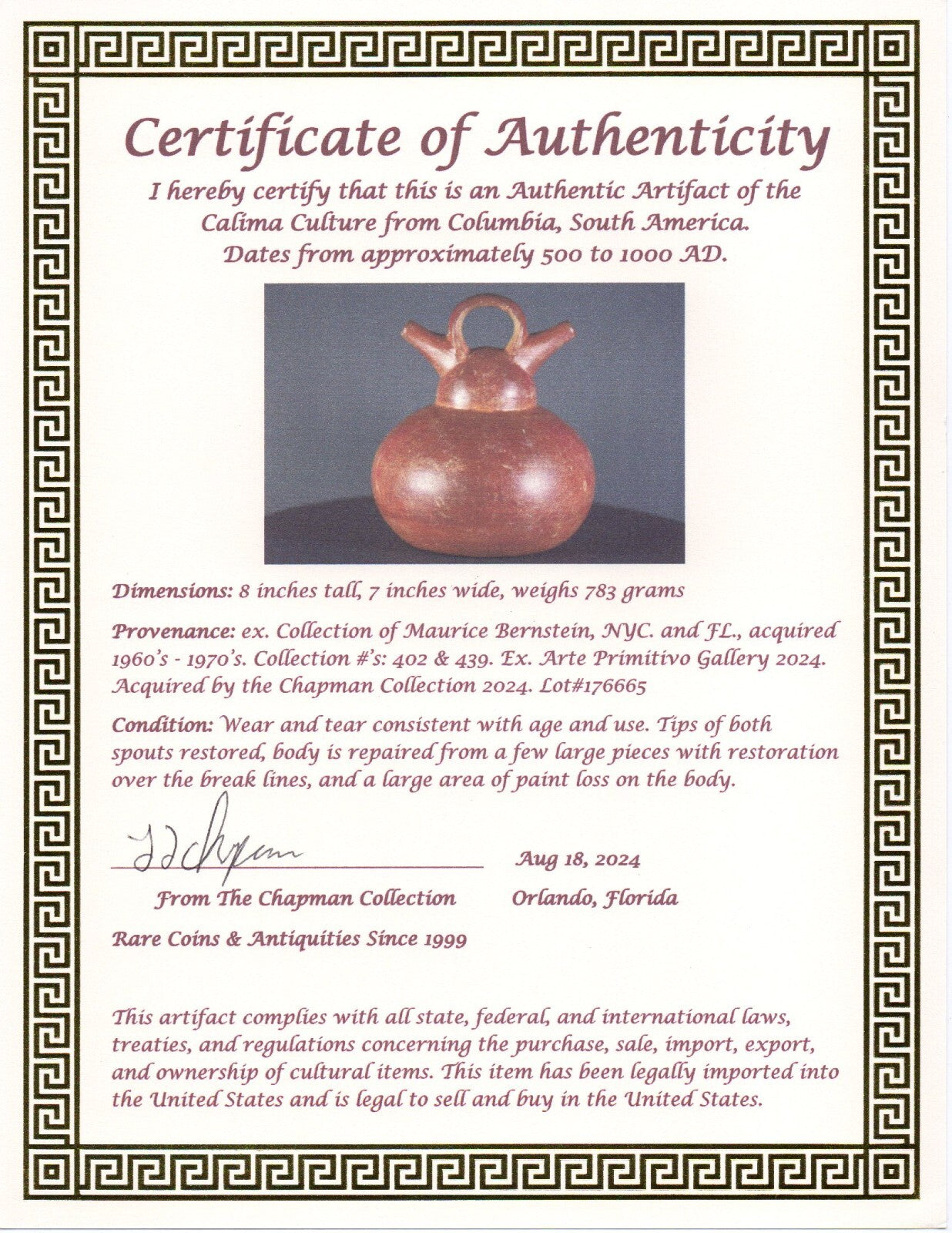 Authentic Pre Columbian Artifact Calima Stirrup Jar Ex Arte Primitivo COA T38