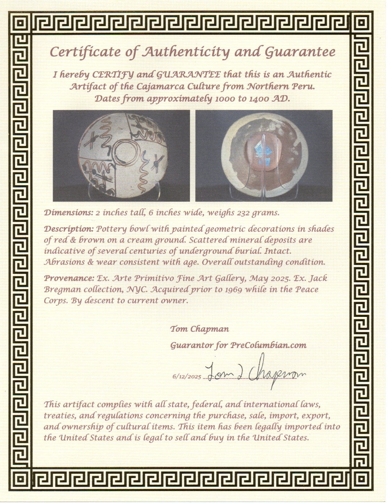 Authentic Pre Columbian Artifact Decorated Bowl Cajamarca Peru Pre Inca COA 205