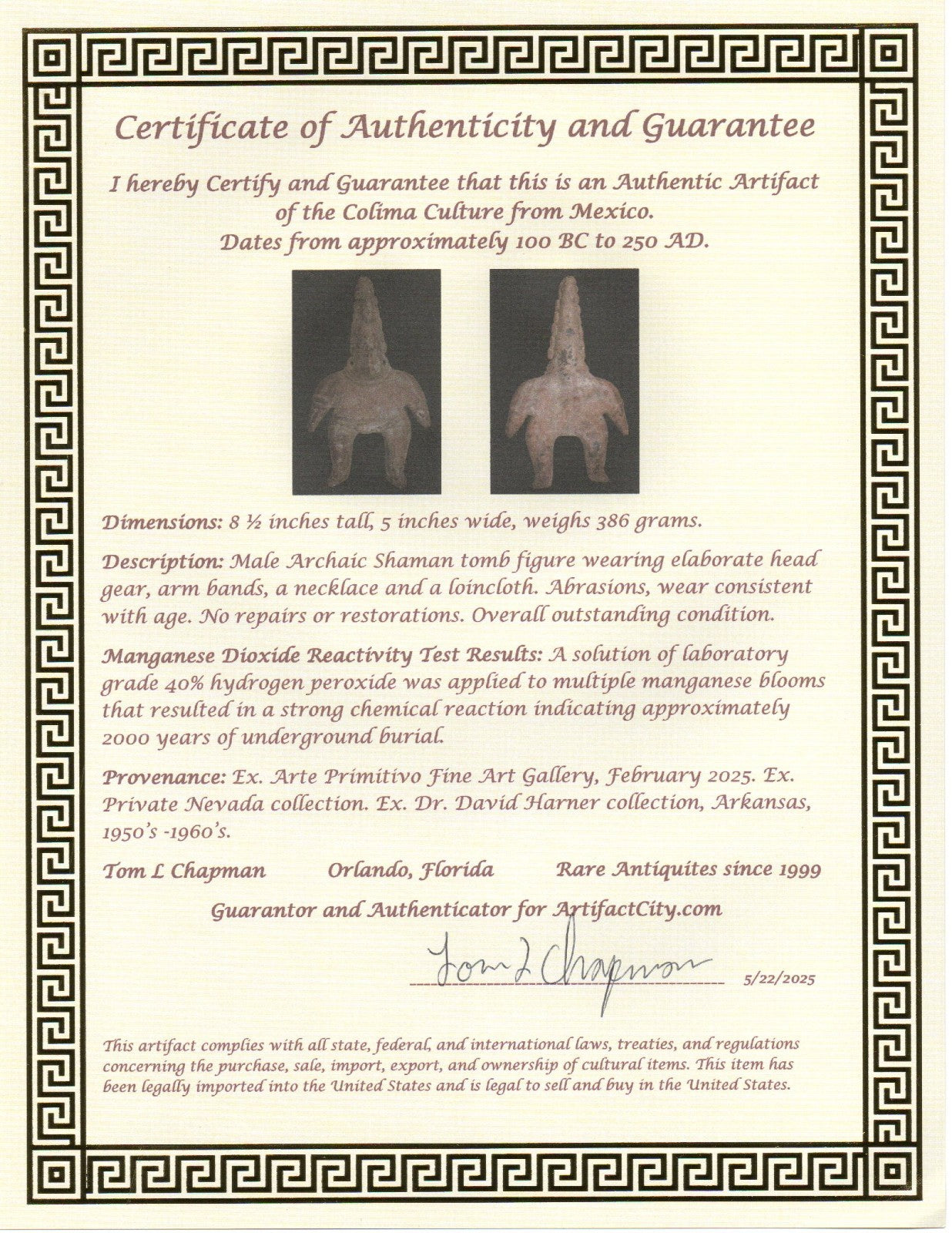 Pre Columbian Authentic Artifact Archaic Shaman Tomb Figure Colima Mexico COA 20