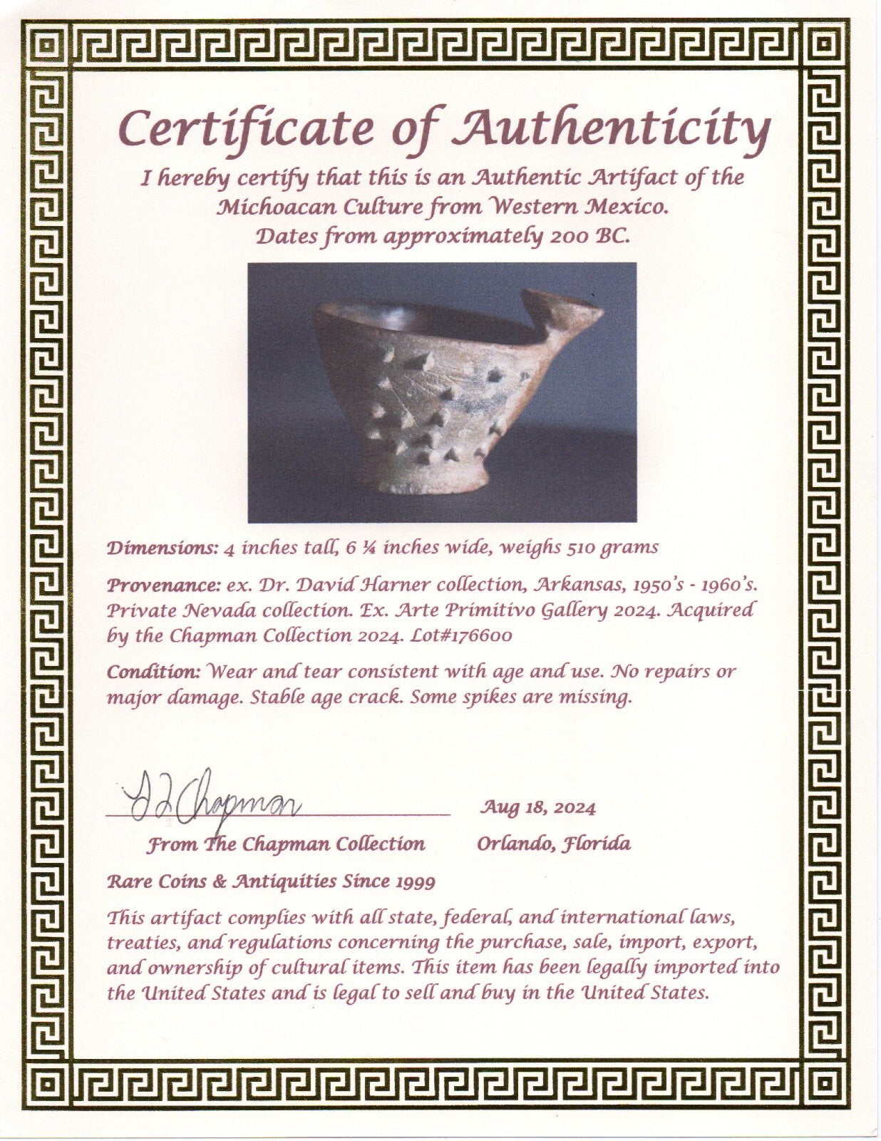 Pre Columbian Authenticrtifact Spiked Bowl Michoacan Ex Arte Primitivo COA T08