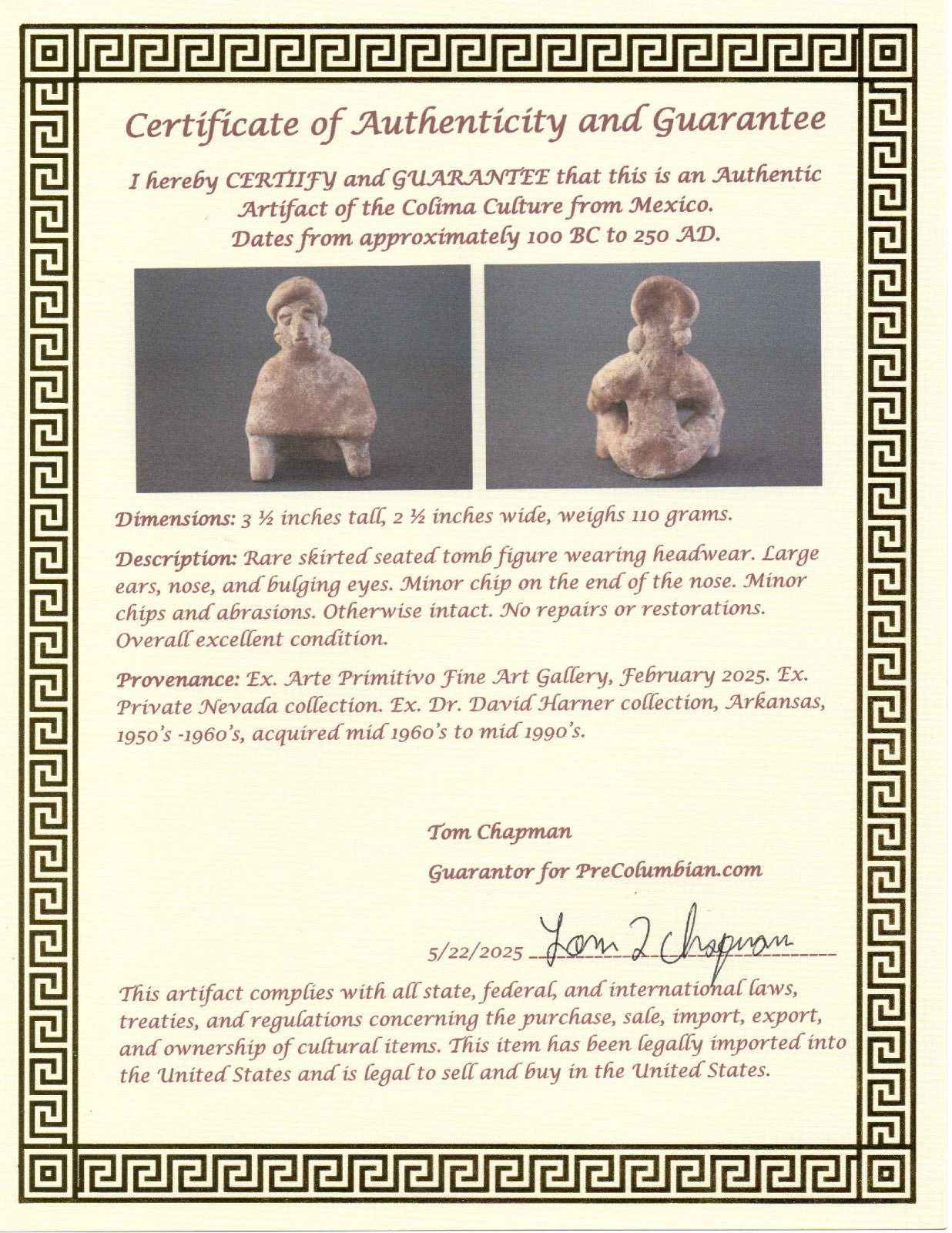 Pre Columbian Authentic Artifact Rare Skirted Tomb Figure Colima Mexico COA 185