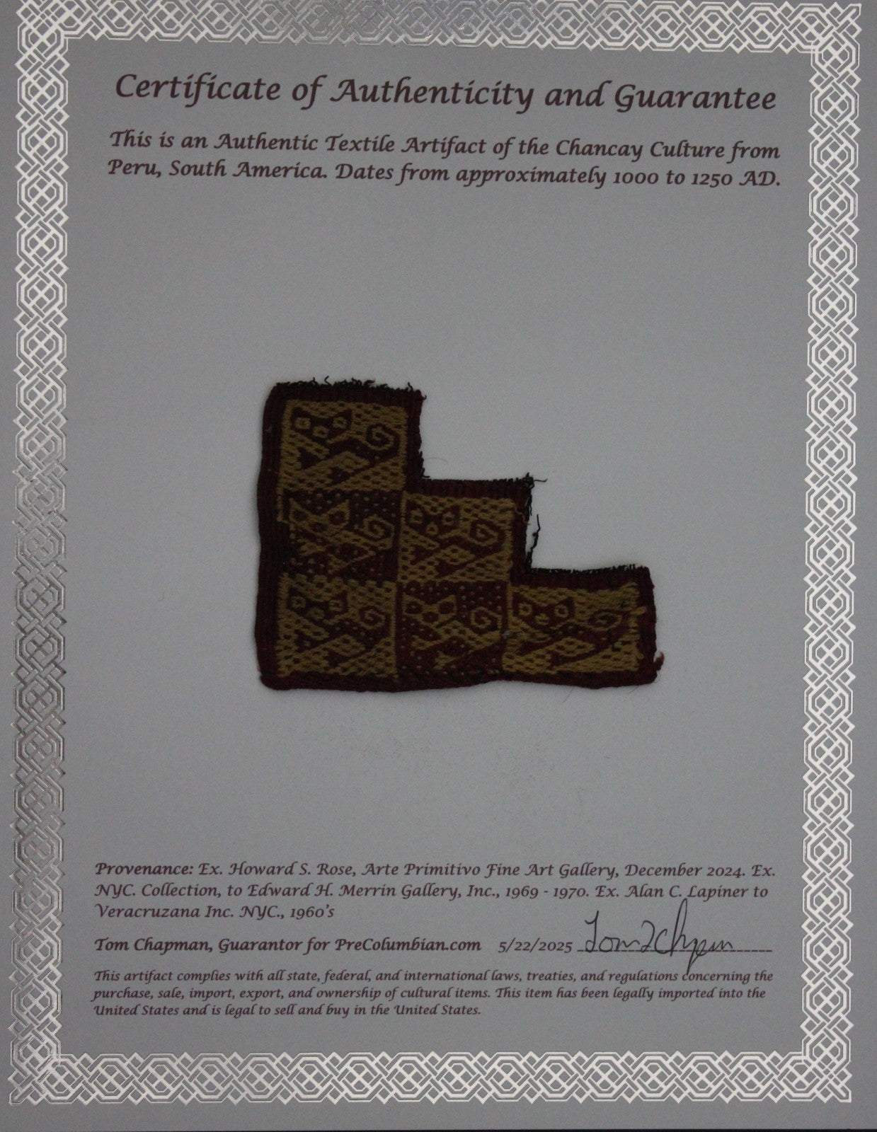 Pre Columbian Authentic Artifact Frameable Textile Border Chancay Peru COA 30