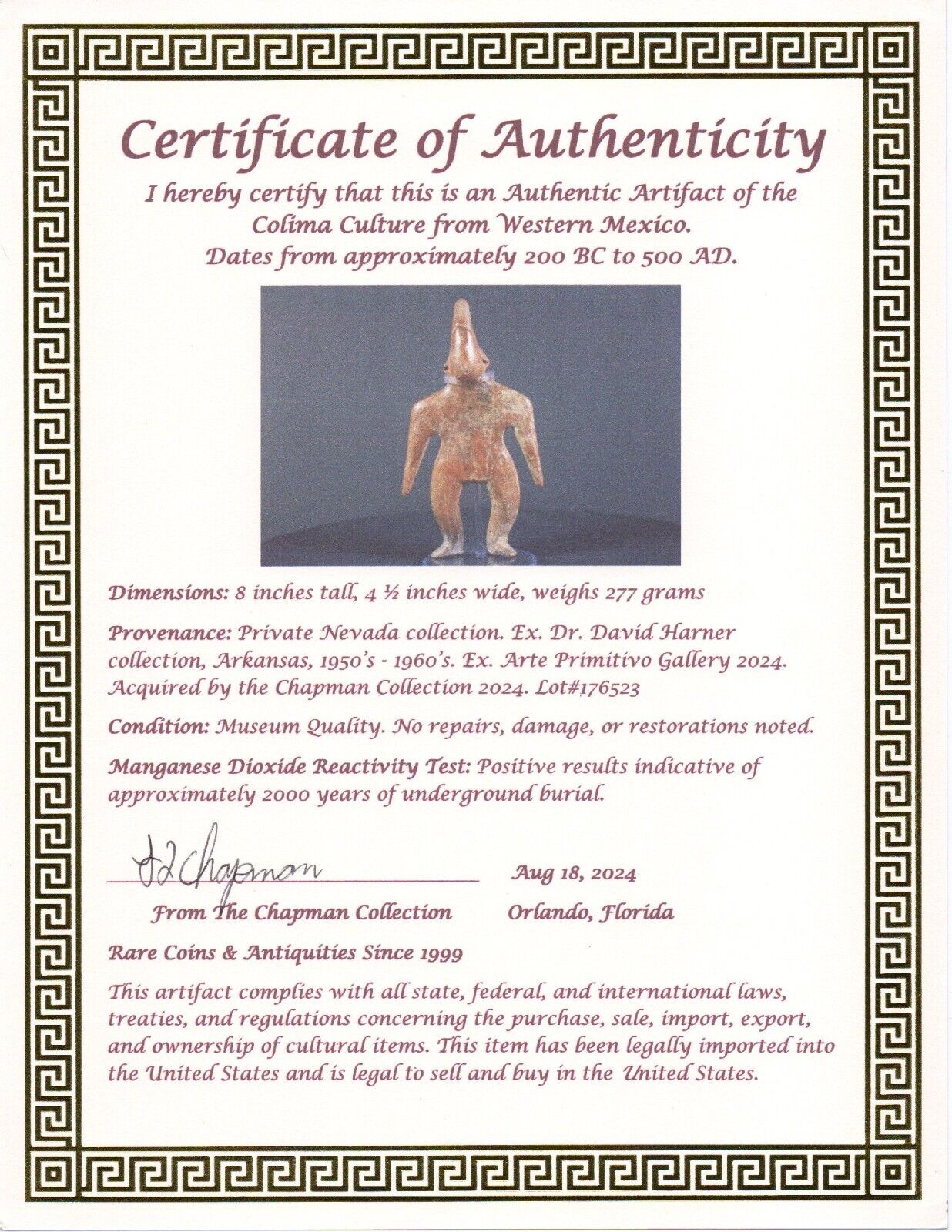 Authentic Pre Columbian Artifact Tomb Figure Colima Ex Arte Primitivo COA T41