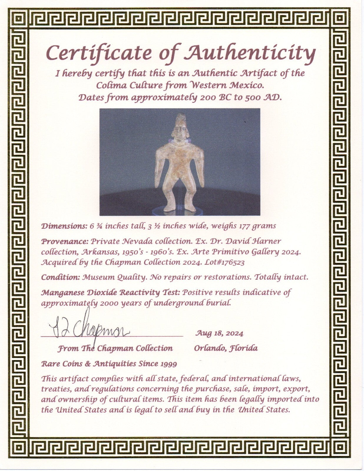 Authentic Pre Columbian Artifact Tomb Figure Colima Ex Arte Primitivo COA T57