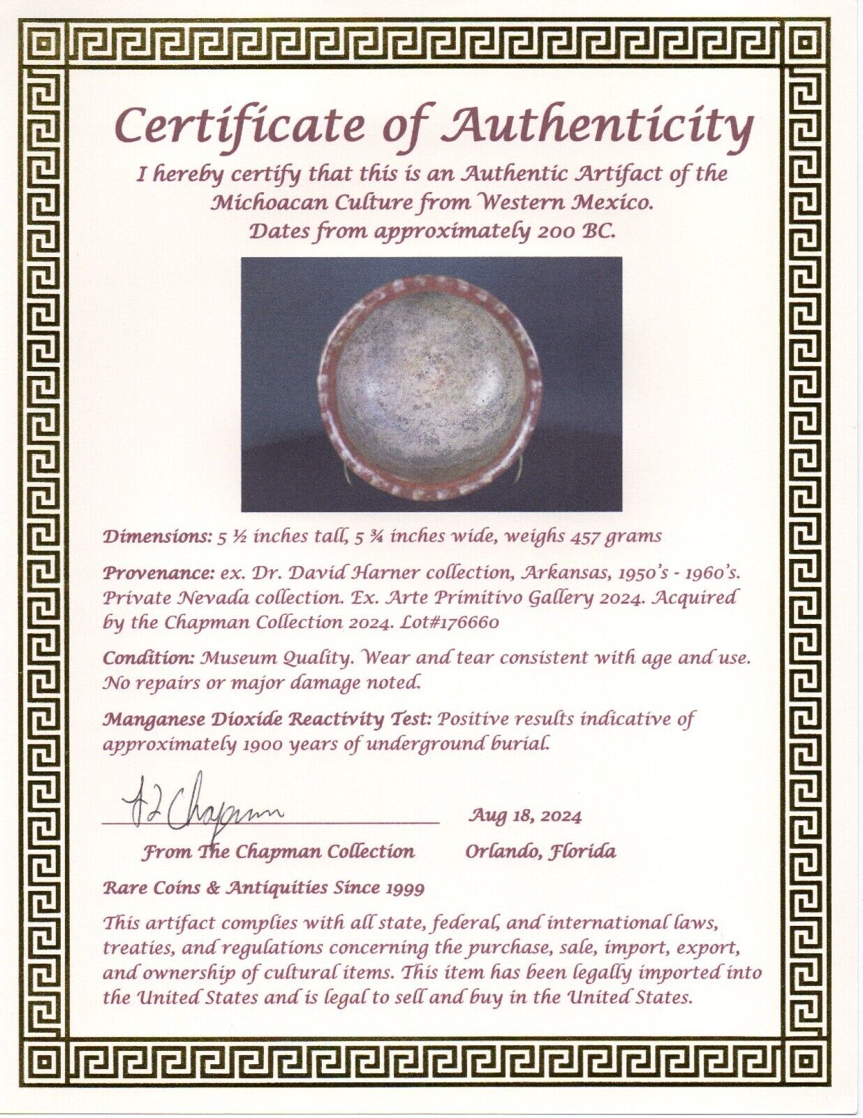 Authentic Pre Columbian Artifact Decorated Bowl Michoacan Mexico 200 BC COA T47