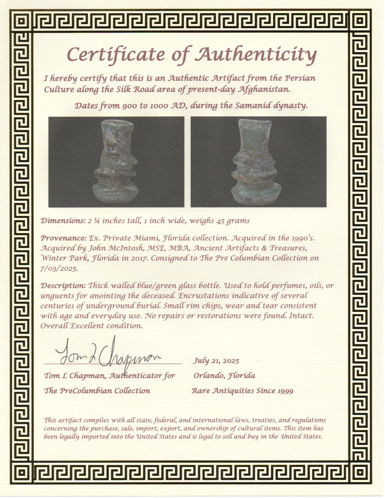 Authentic Persian Artifact Glass Bottle 900-1000 AD Silk Road Hoard COA J29