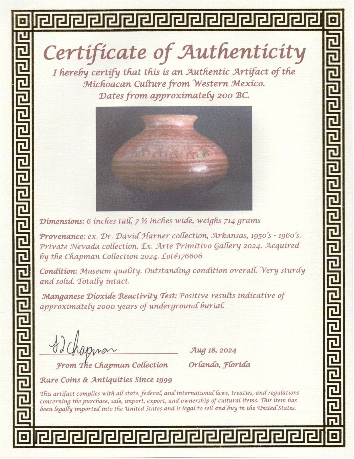 Authentic Pre Columbian Artifact Decorated Olla Michoacan Arte Primitivo COA T66