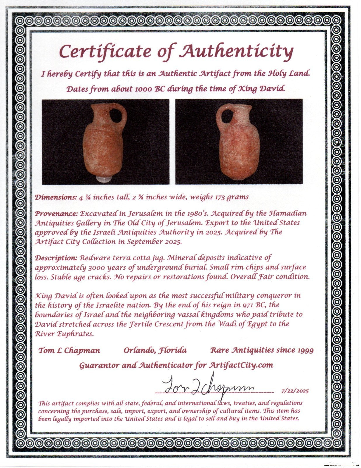 Ancient Holy Land Artifact King David Jug Land of Jesus Christ 1000 BC COA 19