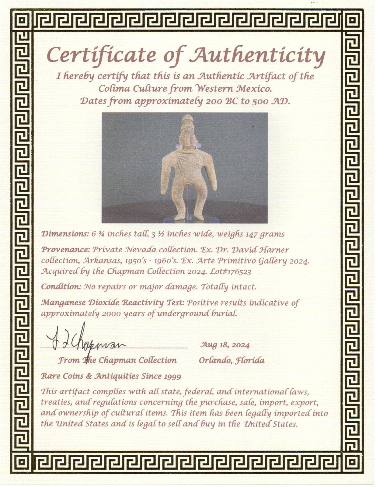 Authentic Pre Columbian Artifact Archaic Tomb Figure Colima Mexico  COA T76