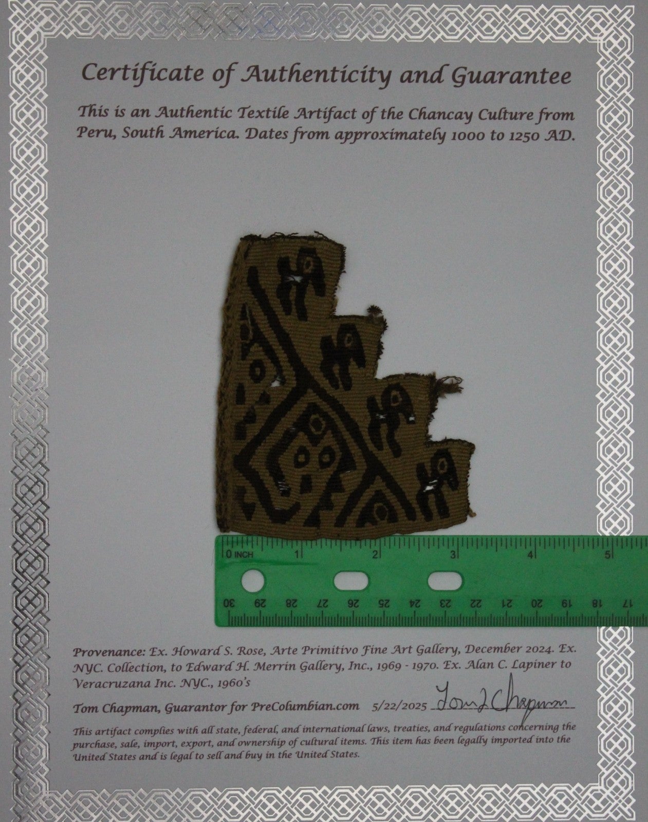 Pre Columbian Authentic Artifact Frameable Textile Border Chancay Peru COA 32