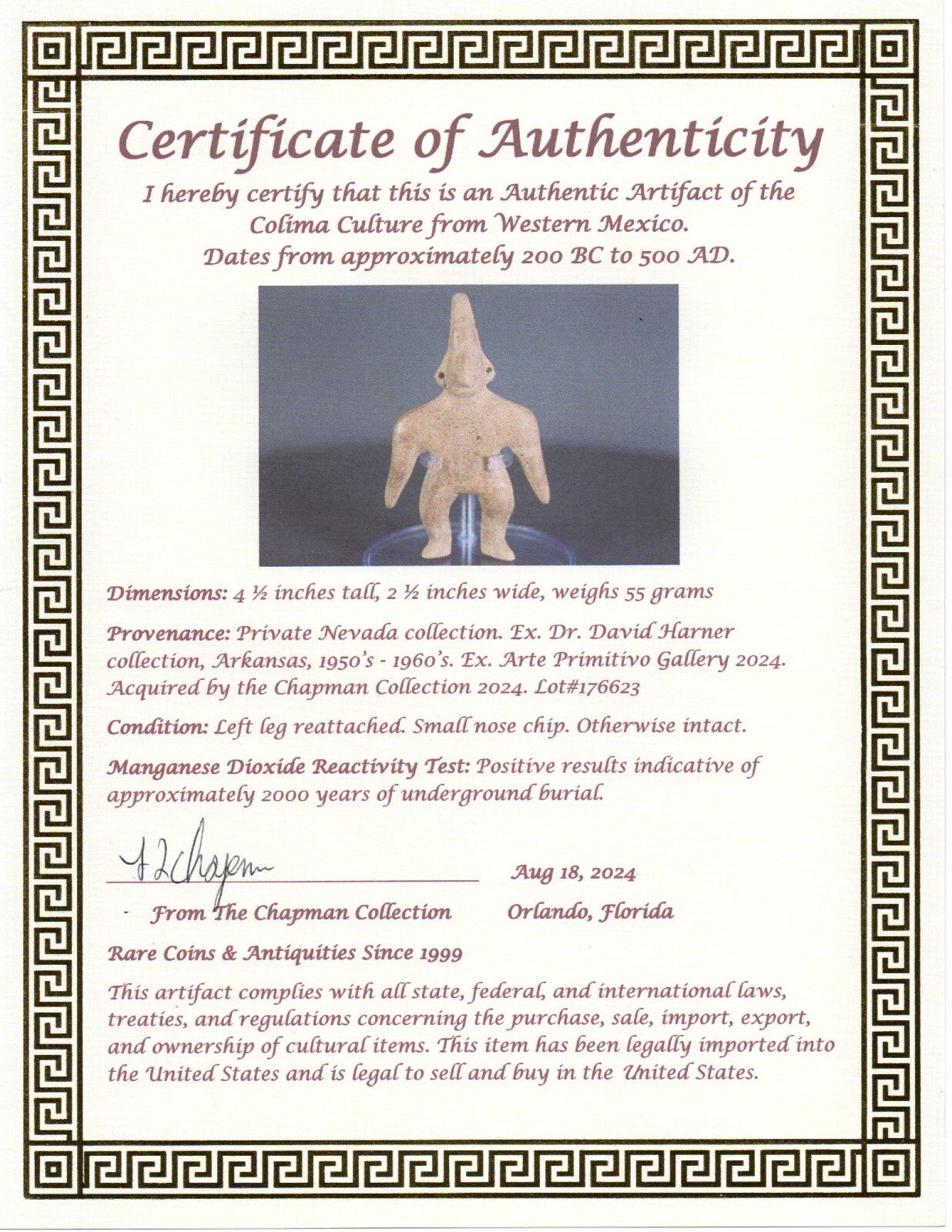 Pre Columbian Authentic Artifact Archaic Tomb Figure Colima Mexico 200BC COA T14