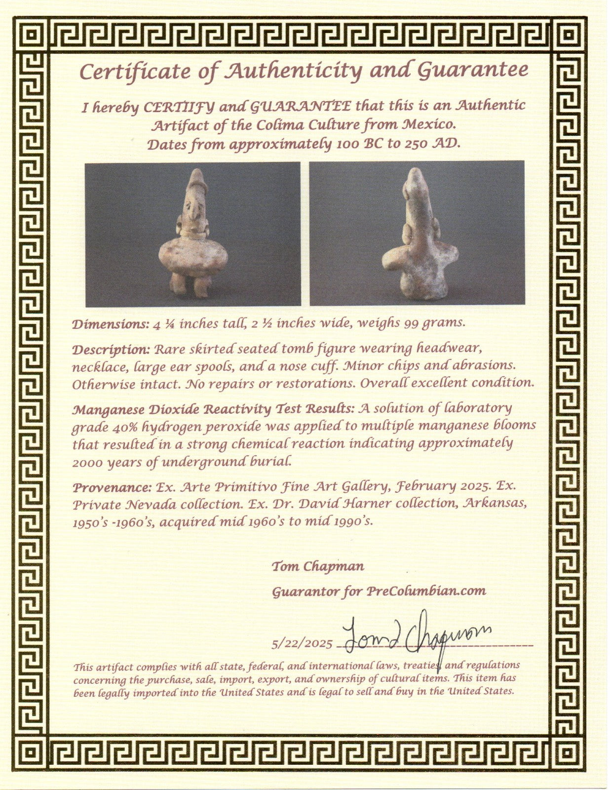 Pre Columbian Authentic Artifact Rare Skirted Tomb Figure Colima Mexico COA 182