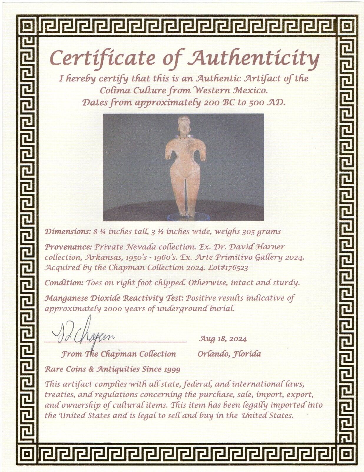 Authentic Pre Columbian Artifact Tomb Figure Colima Ex Arte Primitivo COA T59