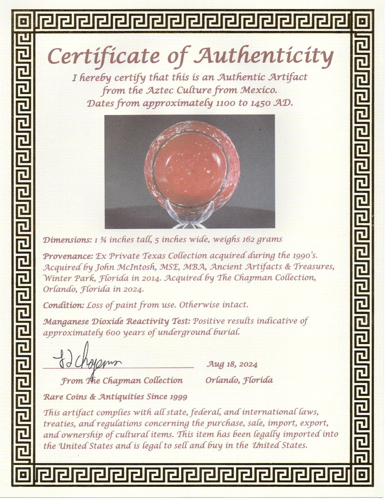 Authentic Pre Columbian Artifact Aztec Small Bowl 1000-1450 AD Mexico COA J94