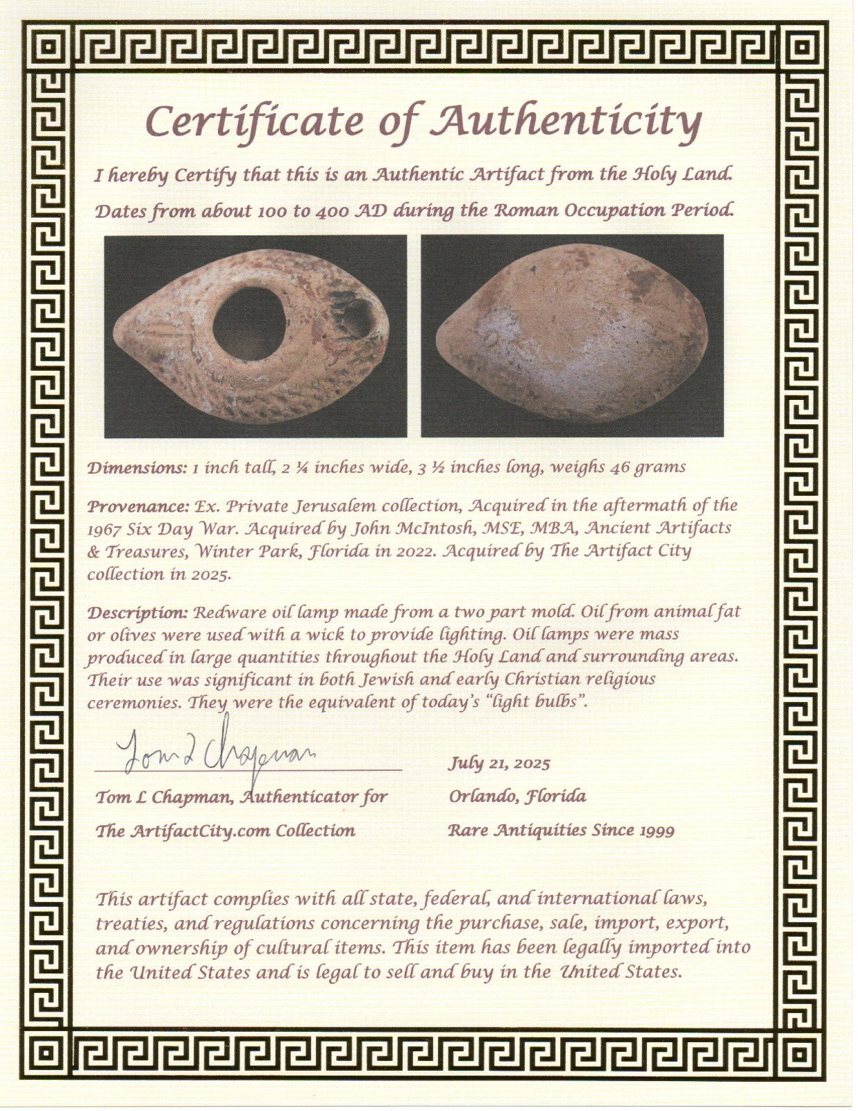 Ancient Holy Land Oil Lamp Artifact Jesus Christ Homeland 100 - 400 AD COA L04