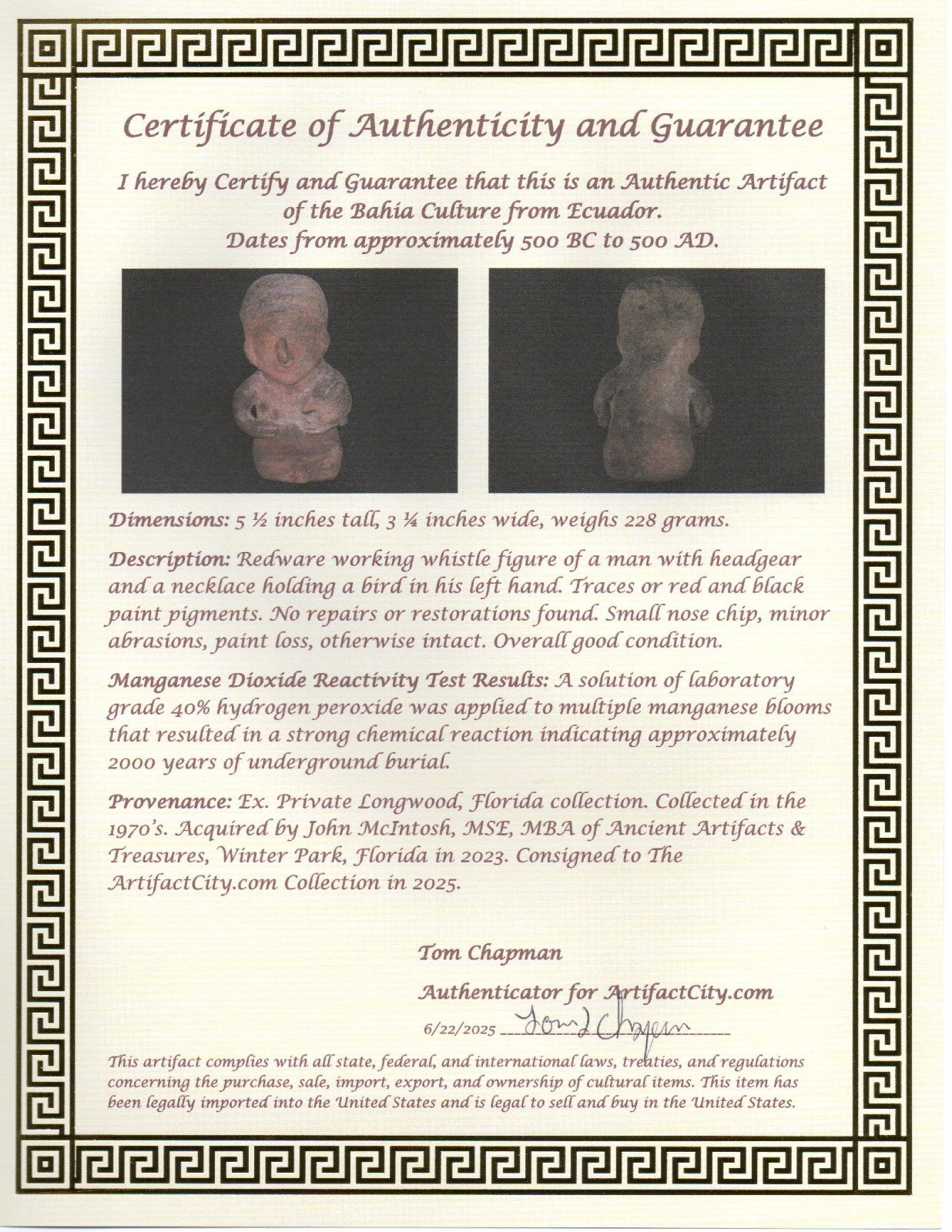 Pre Columbian Authentic Artifact Bahia Whistle Figure Ecuador 500BC-500AD COAJ44