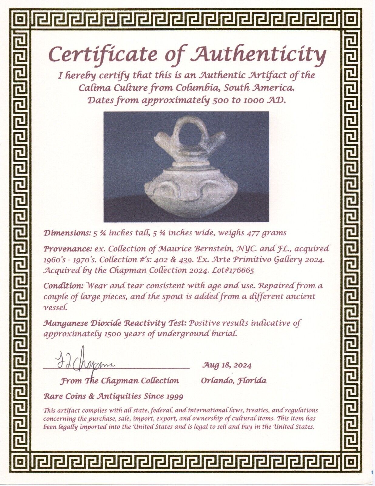 Authentic Pre Columbian Artifact Stirrup Jar Calima Ex Arte Primitivo AD T37