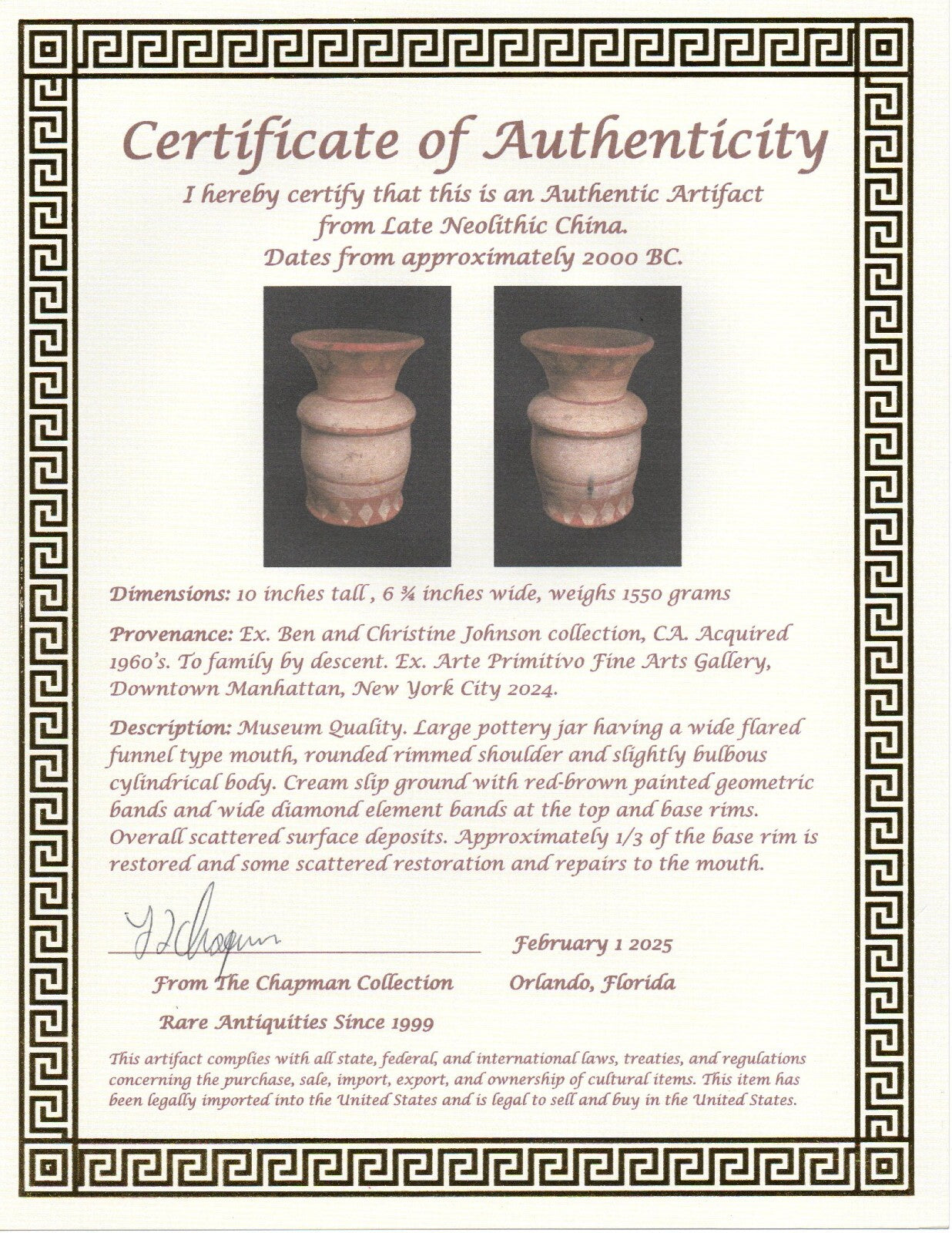 4000 Year Old Neolithic Chinese Artifact Very Rare Pottery Jar 2000 BC COA T122