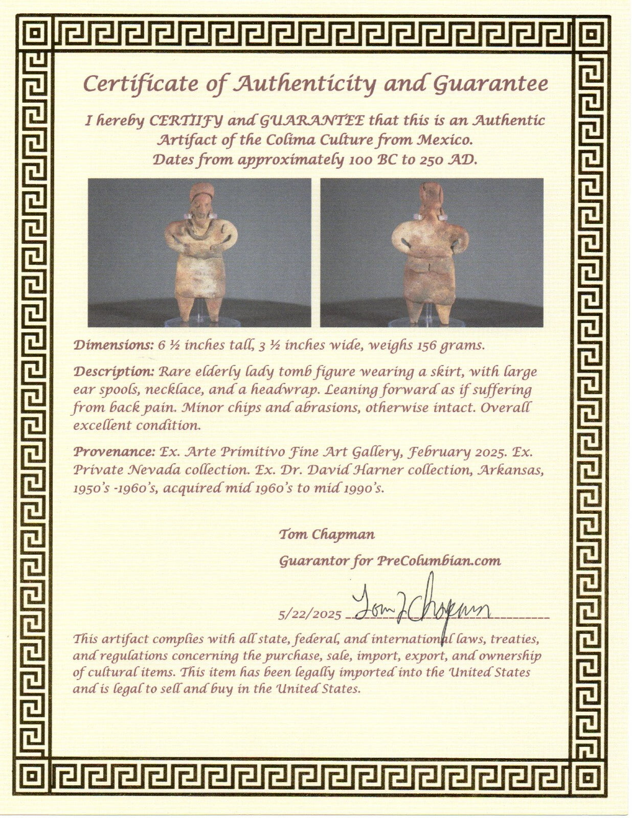 Pre Columbian Authentic Artifact Rare Grandma Tomb Figure Colima Mexico COA 142