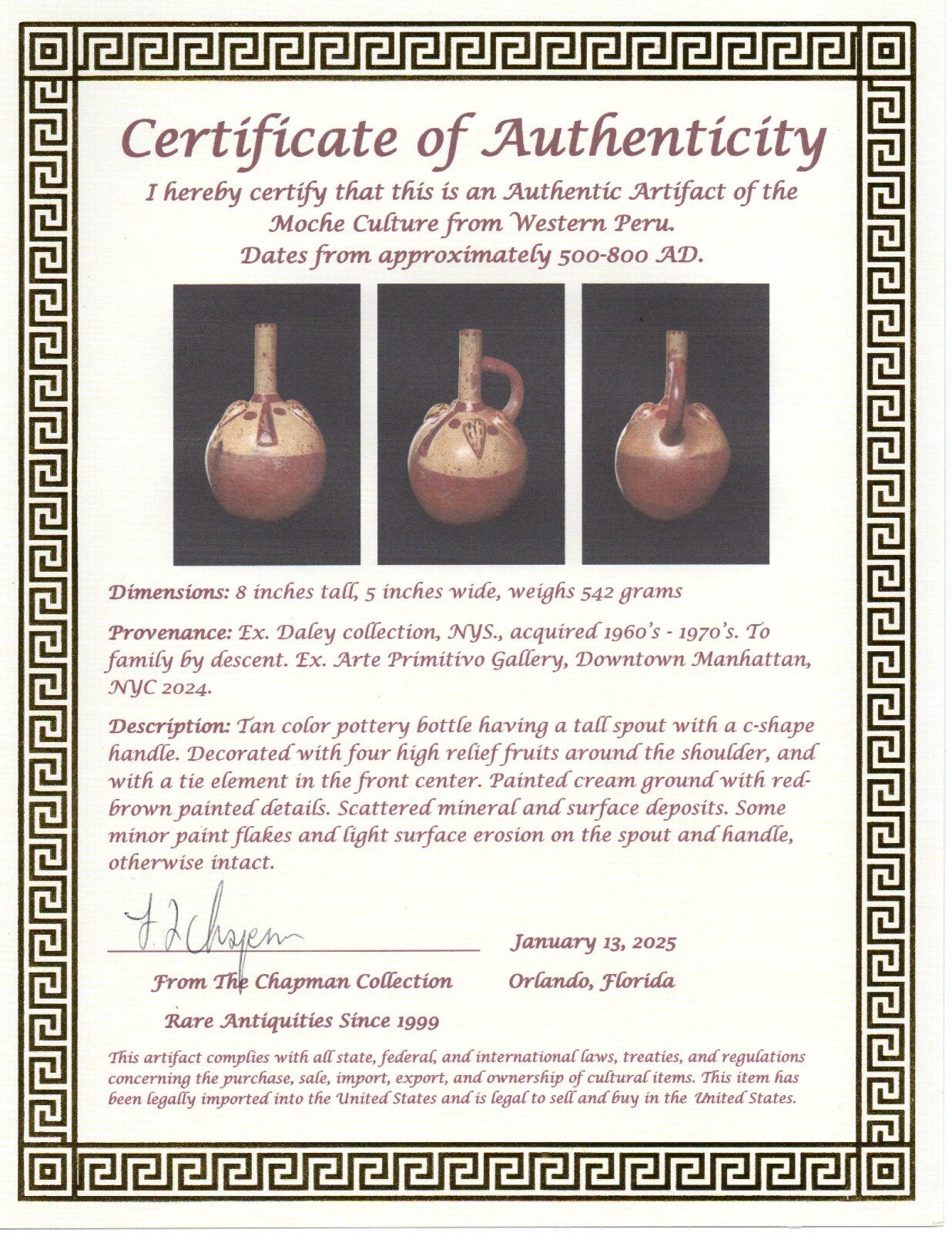 Pre Columbian Authentic Artifact Fruit Vessel Moche Ex Arte Primitivo COA T107