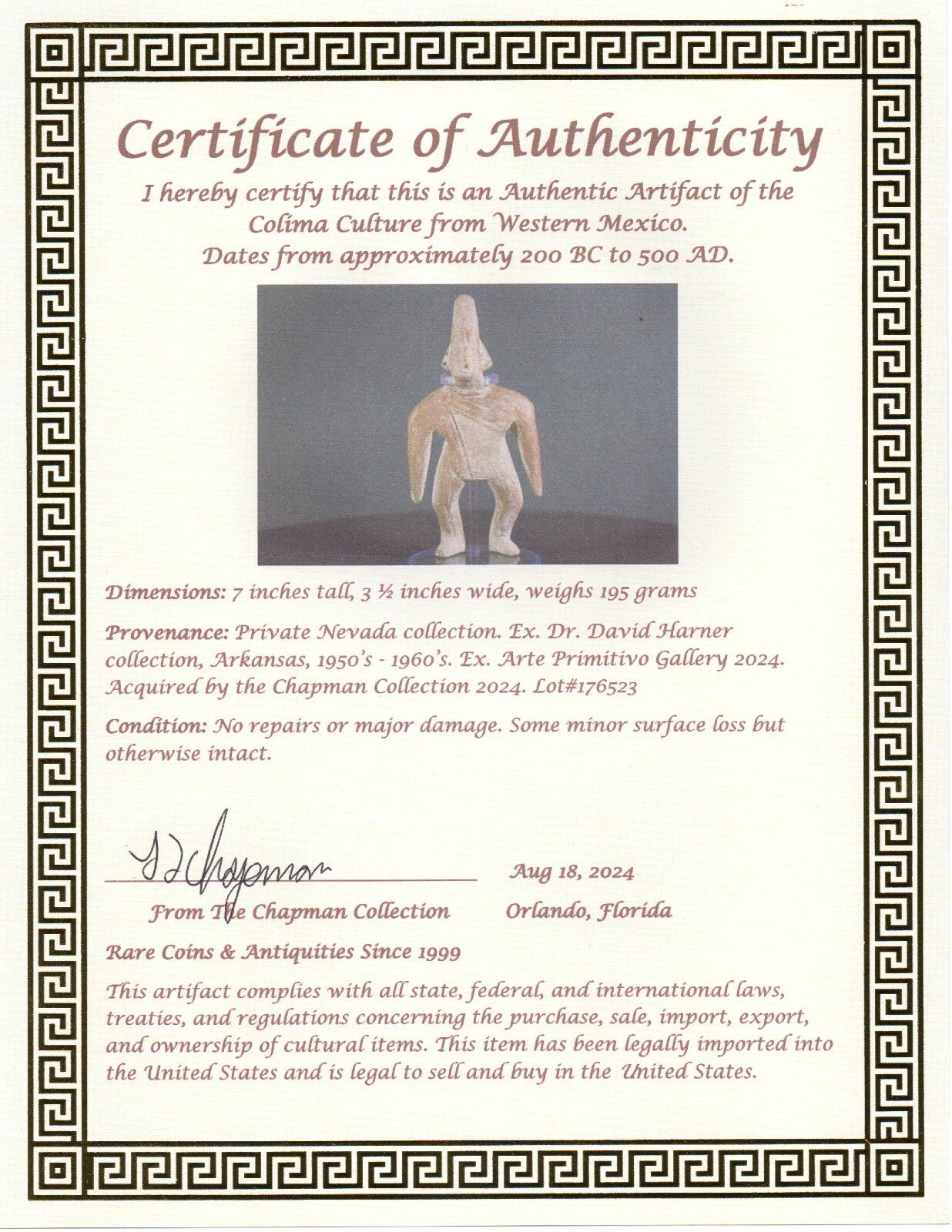 Authentic Pre Columbian Artifact Tomb Figure Colima Ex Arte Primitivo COA T78