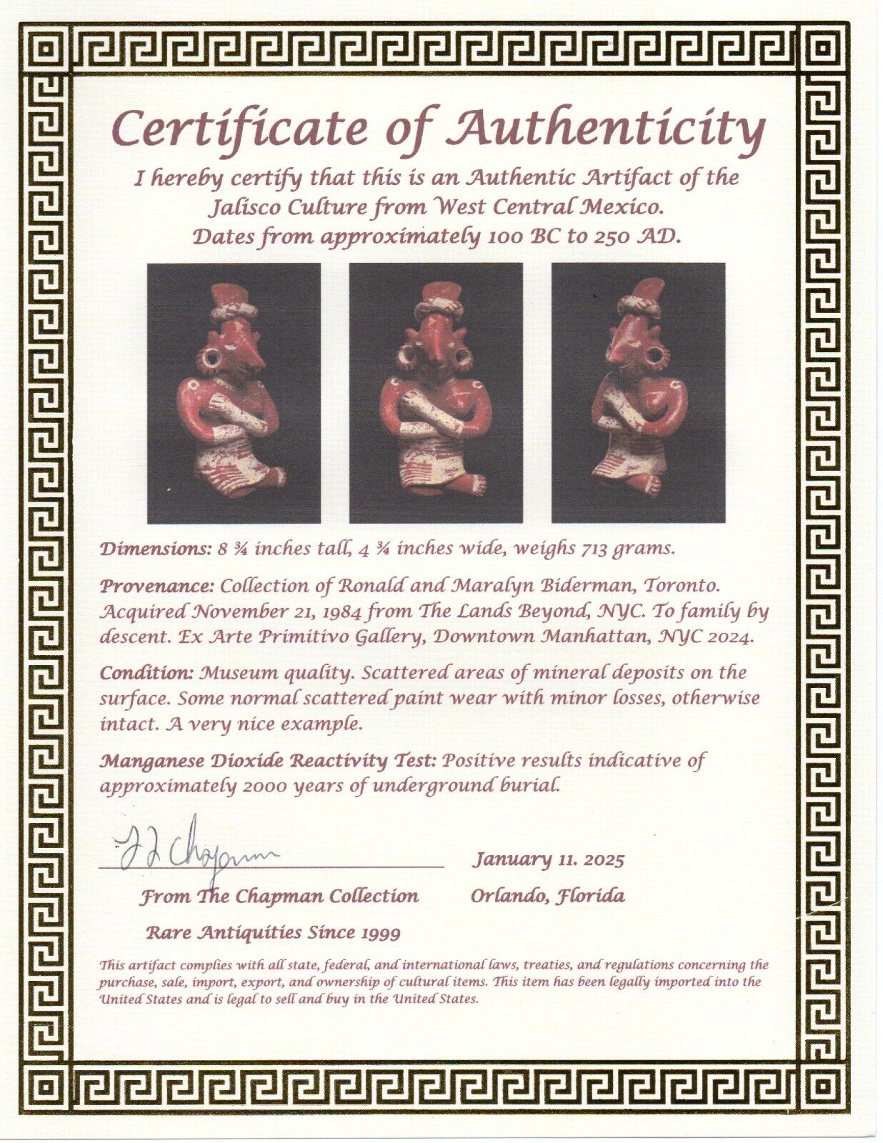 Authentic Pre Columbian Artifact Goat Face Woman Jalisco Ex Arte Primitivo T104