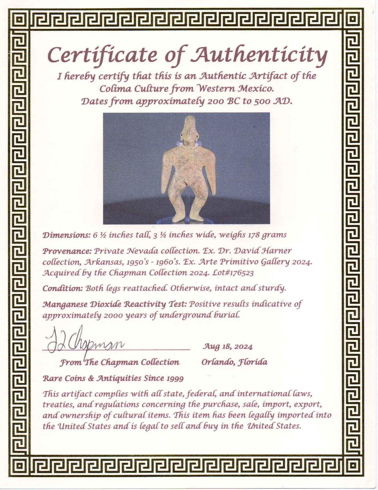 Authentic Pre Columbian Artifact Tomb Figure Colima Ex Arte Primitivo COA T58