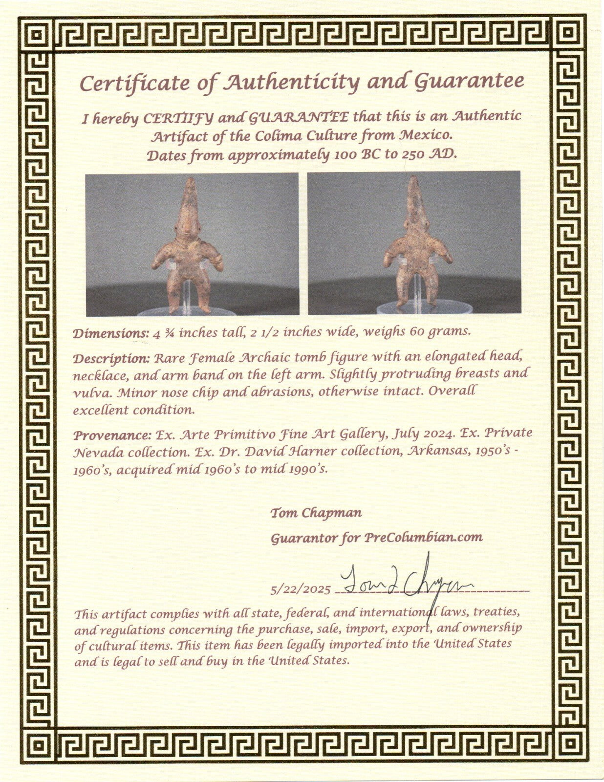 Pre Columbian Authentic Artifact Girl Figure Colima Mexico 100 BC-250 AD COA 138